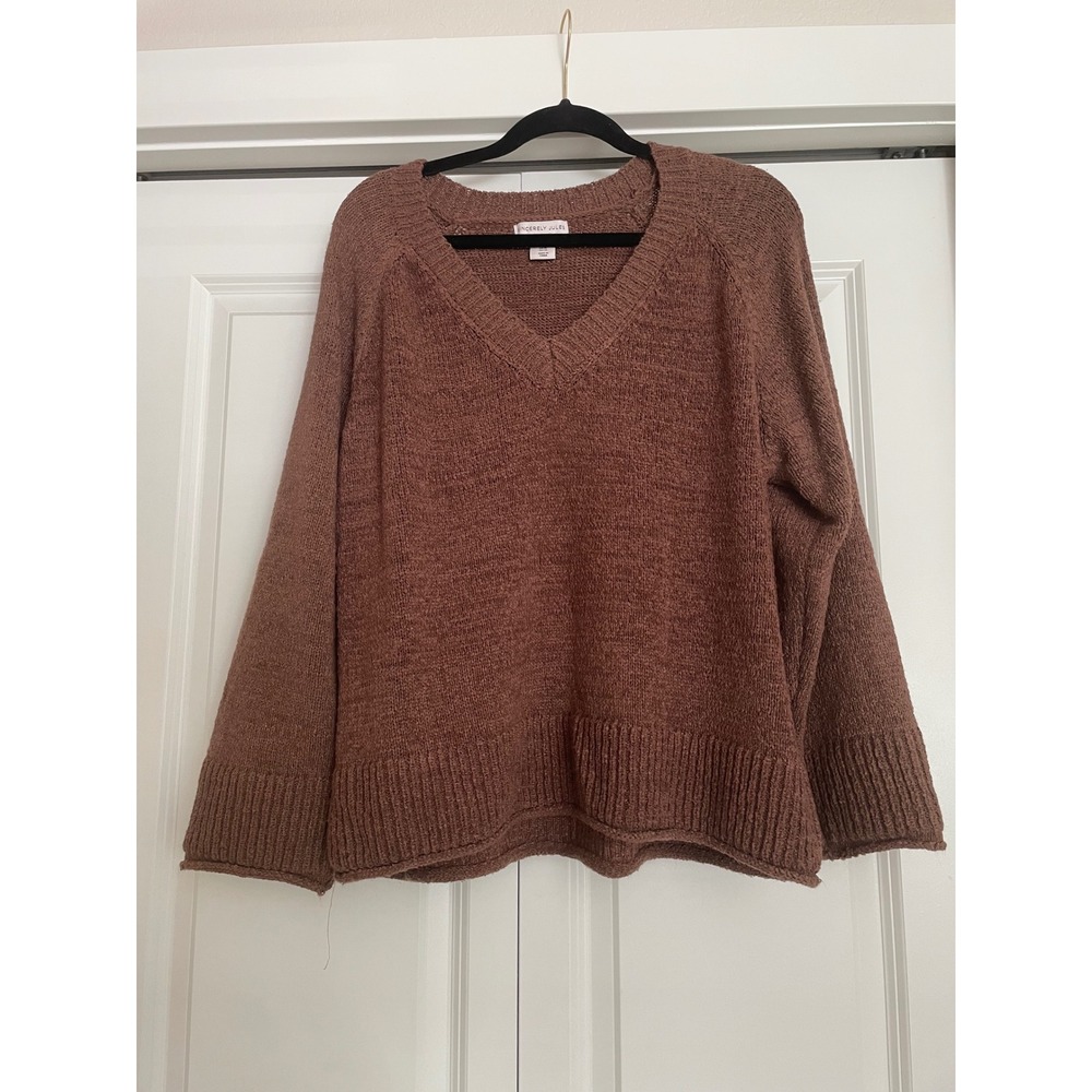 Sincerely Jules V Neck Sweater Earthy Brown Knit Cottagecore Long Sleeve Size XL